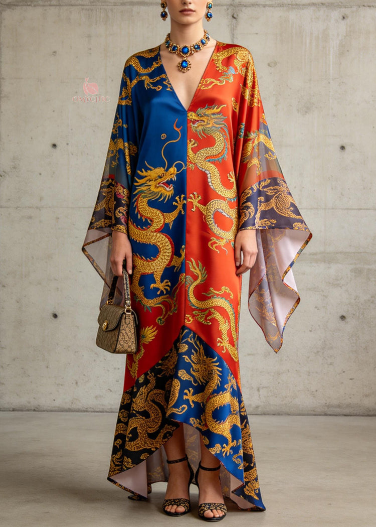 Chic V Neck Oriental Print Chiffon Summer Long Dress - Omychic