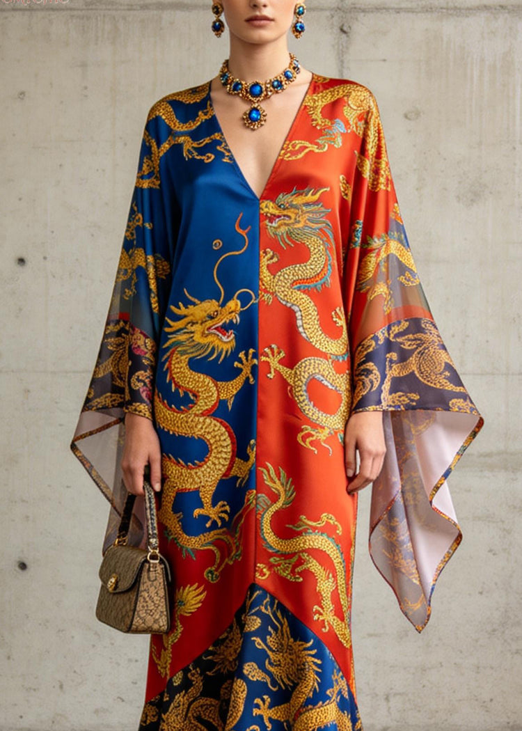 Chic V Neck Oriental Print Chiffon Summer Long Dress - Omychic