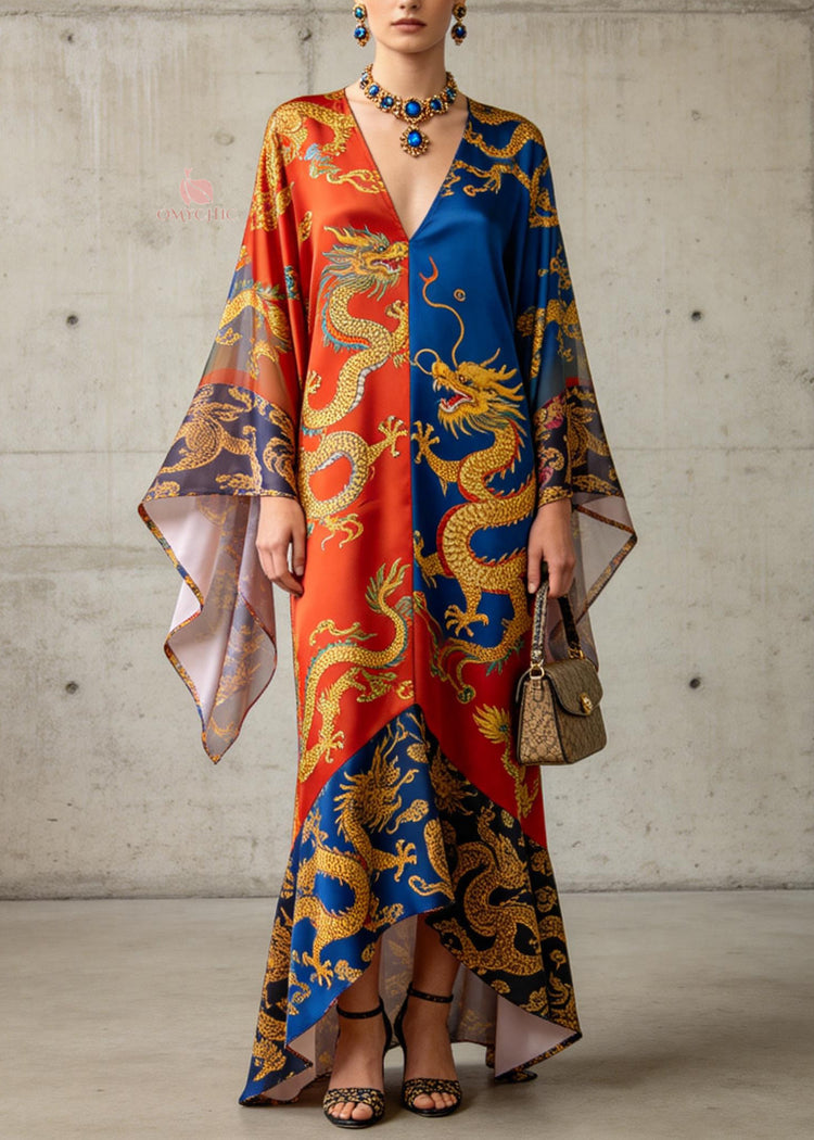 Chic V Neck Oriental Print Chiffon Summer Long Dress - Omychic