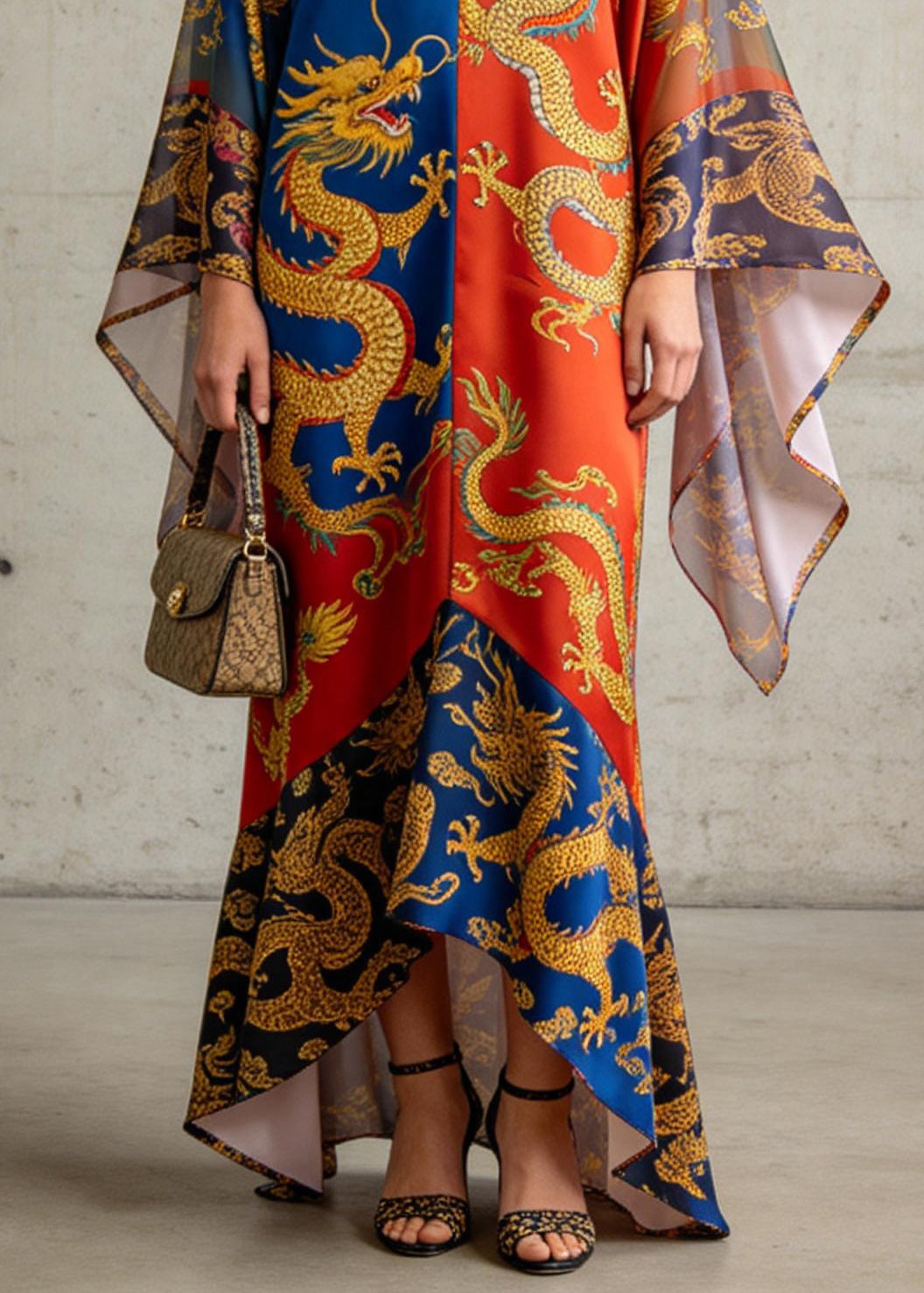 Chic V Neck Oriental Print Chiffon Summer Long Dress - Omychic