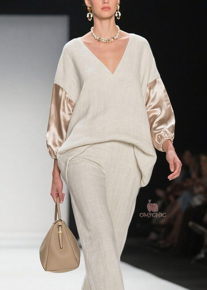 Chic V Neck Patchwork Linen Silk Two Pieces Set Spring