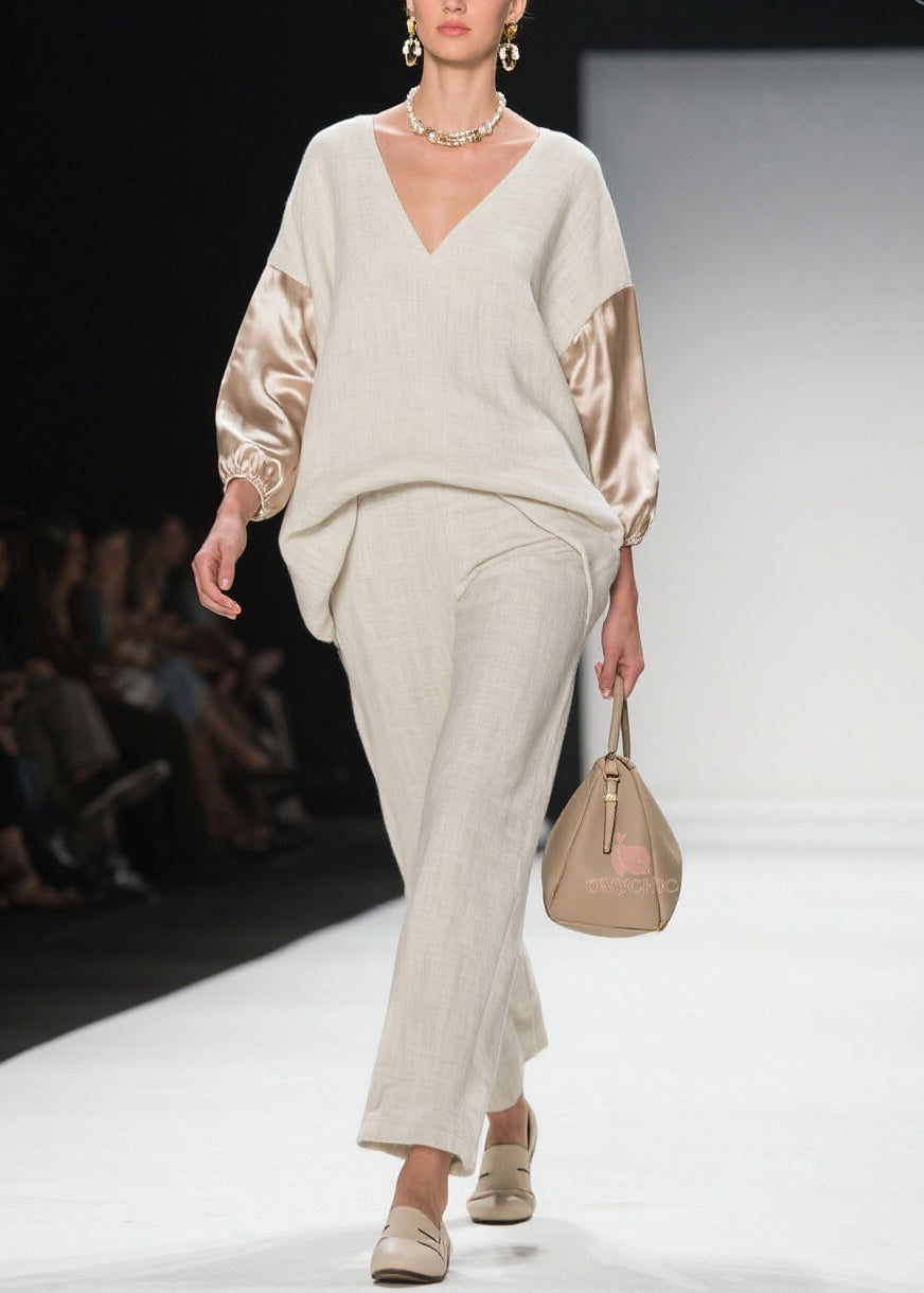 Chic V Neck Patchwork Linen Silk Two Pieces Set Spring