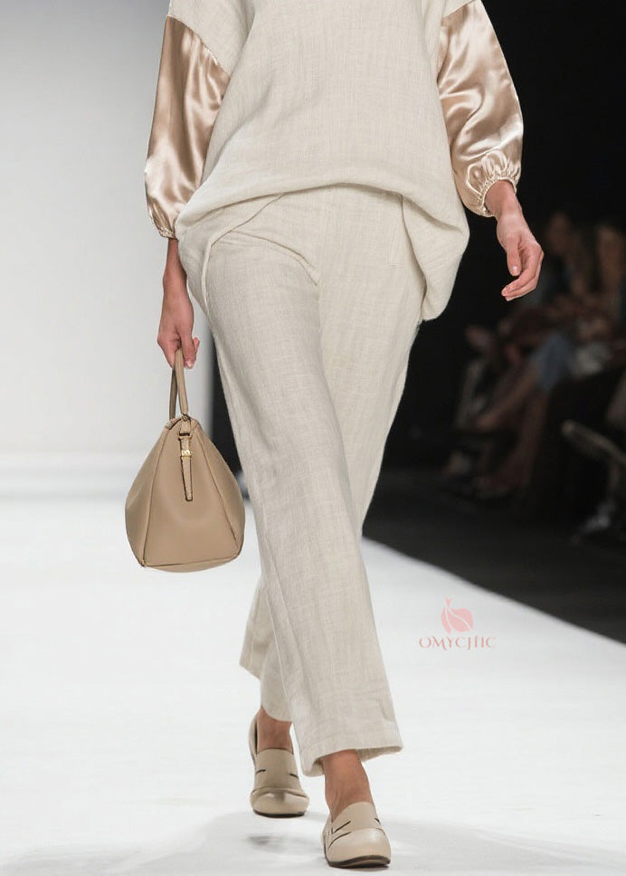 Chic V Neck Patchwork Linen Silk Two Pieces Set Spring