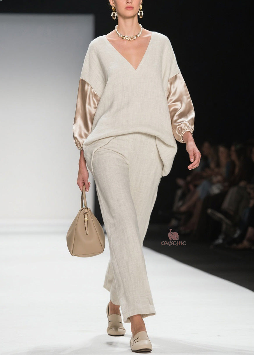 Chic V Neck Patchwork Linen Silk Two Pieces Set Spring