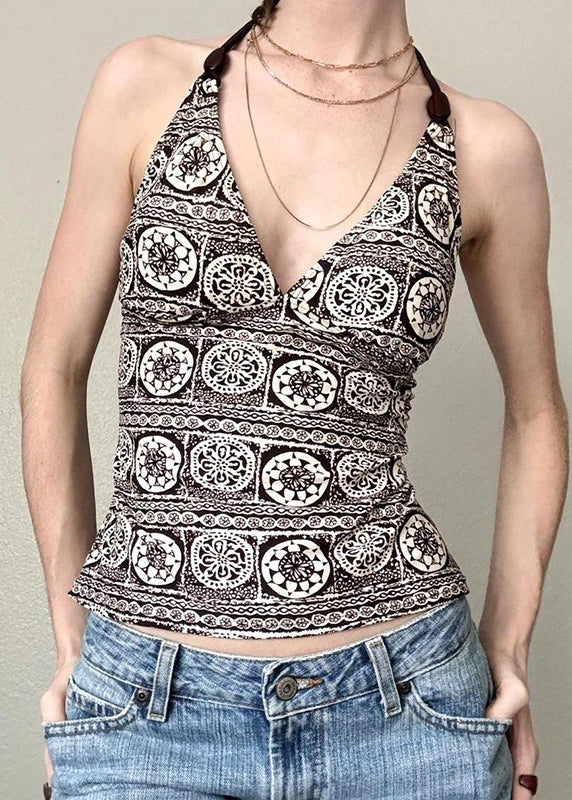 Chic V Neck Print Backless Lace Up Cotton Tank Sleeveless