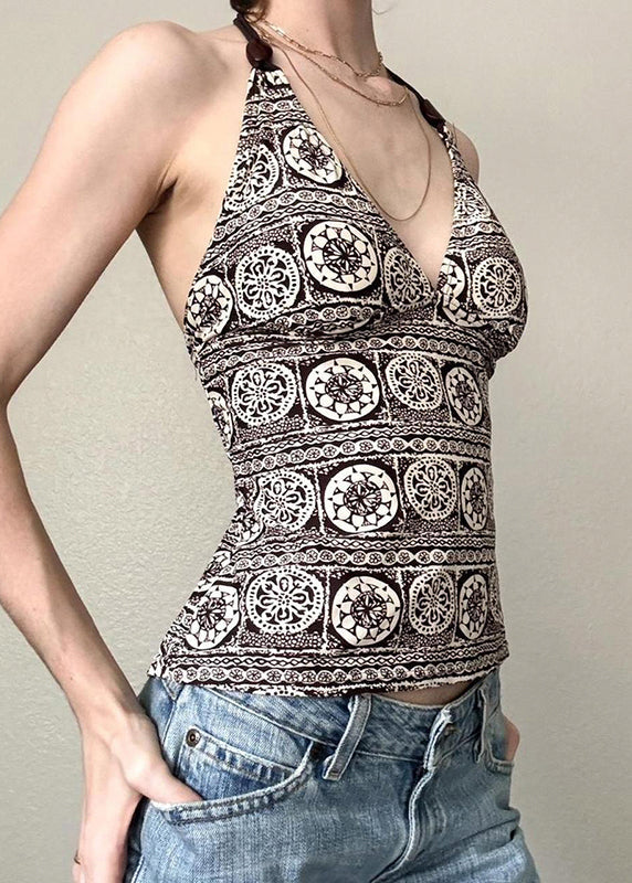 Chic V Neck Print Backless Lace Up Cotton Tank Sleeveless