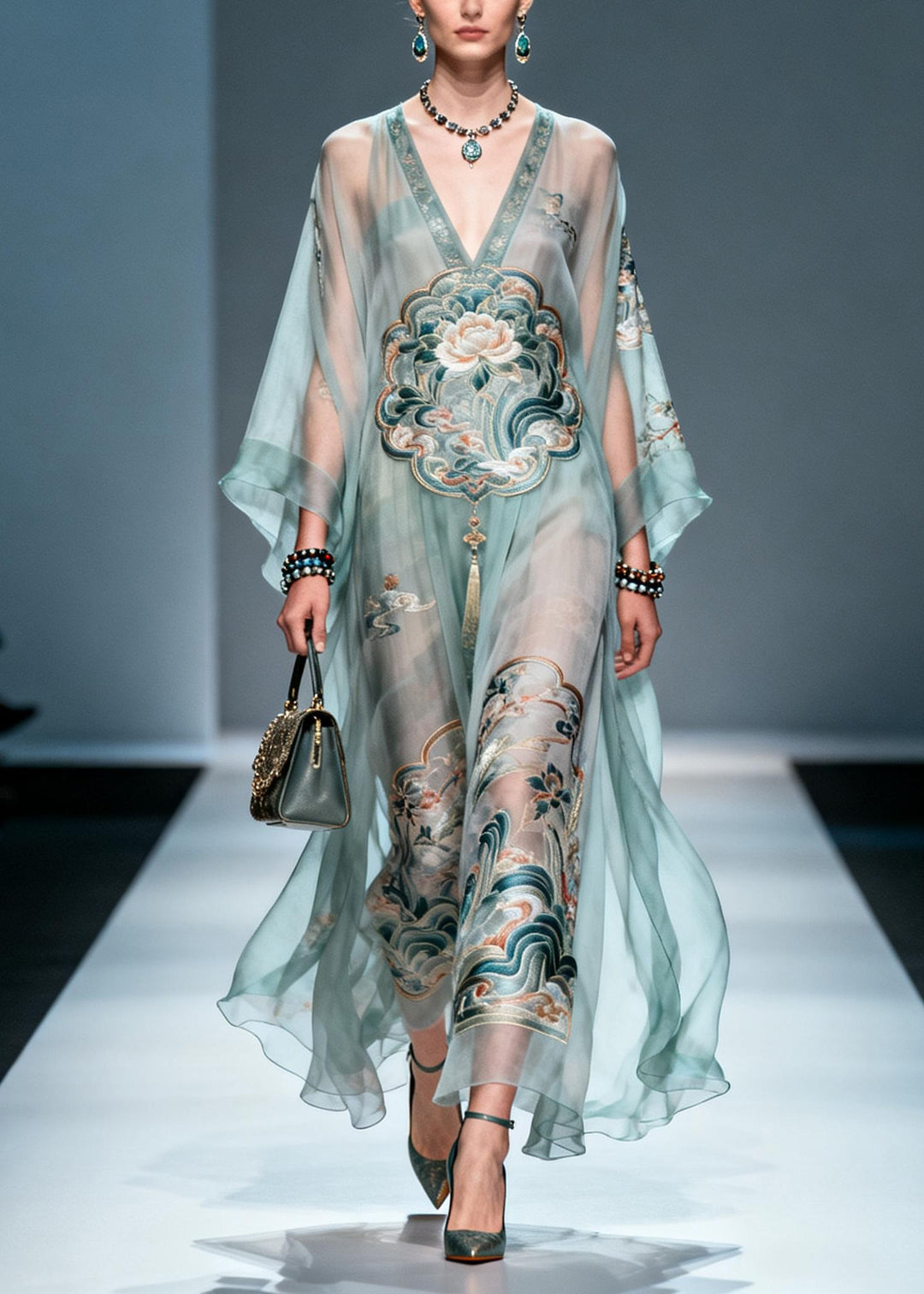 Chic V Neck Print Loose Chiffon Long Dress Spring
