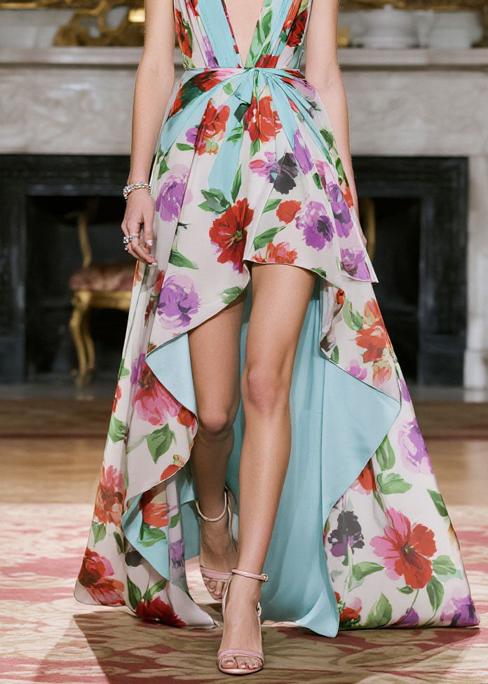 Chic V Neck Print Low High Design Chiffon Spaghetti Strap Dress Summer