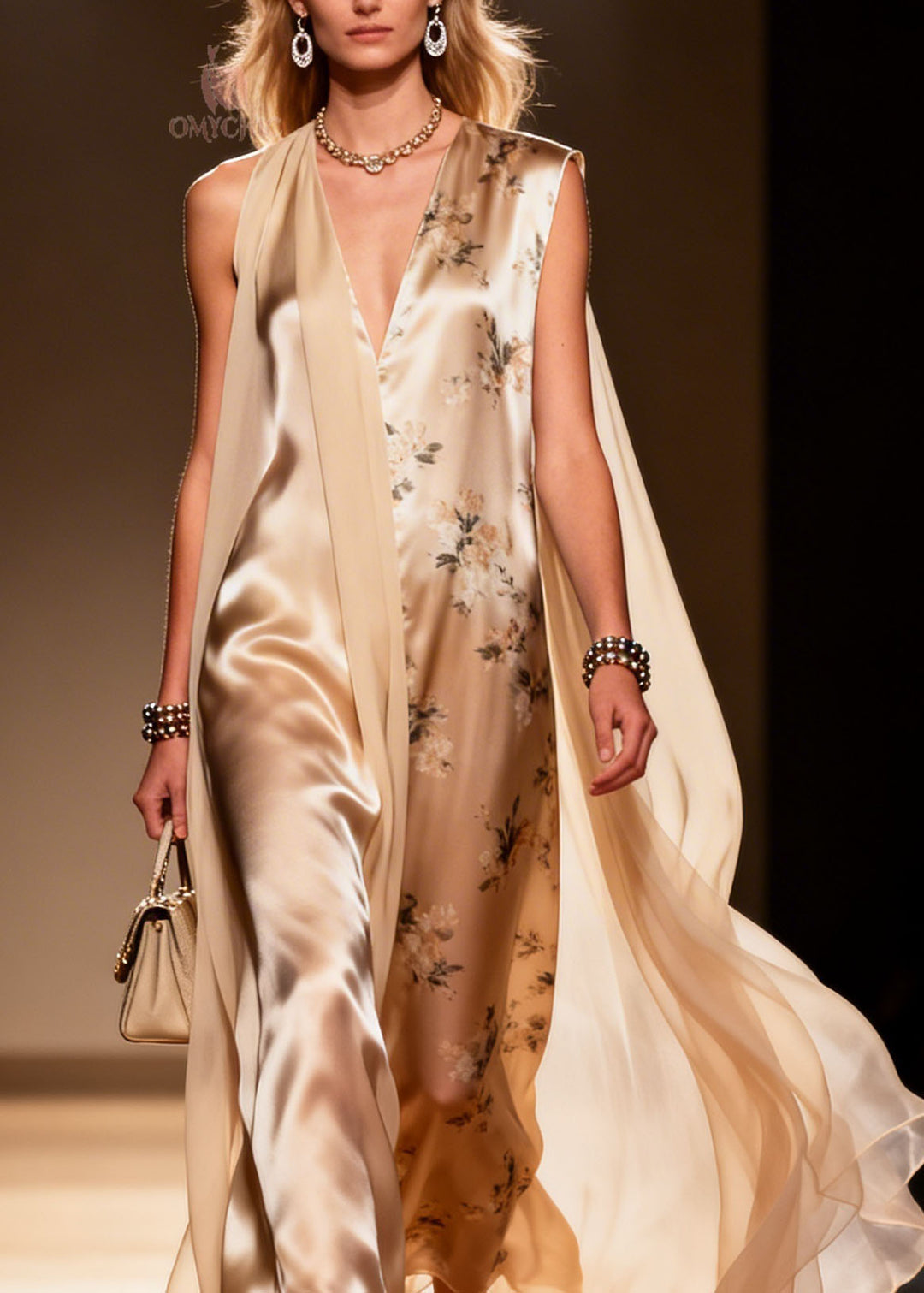 Chic V Neck Print Patchwork Chiffon Maxi Dresses Summer