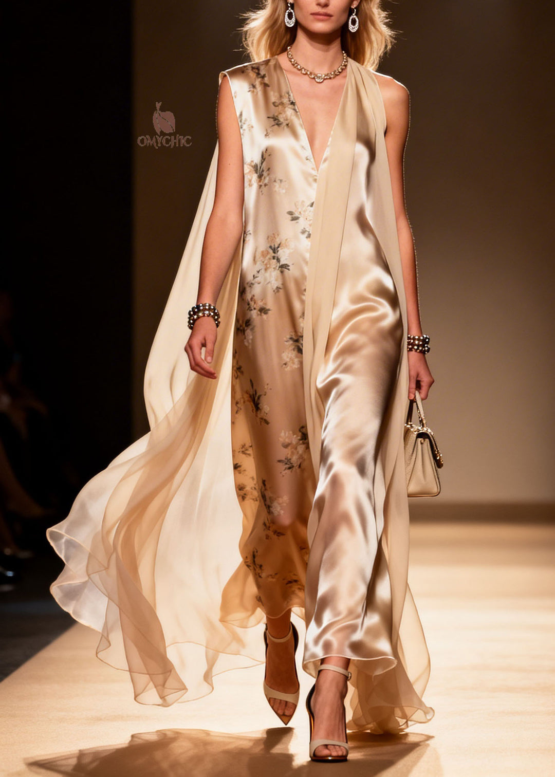 Chic V Neck Print Patchwork Chiffon Maxi Dresses Summer