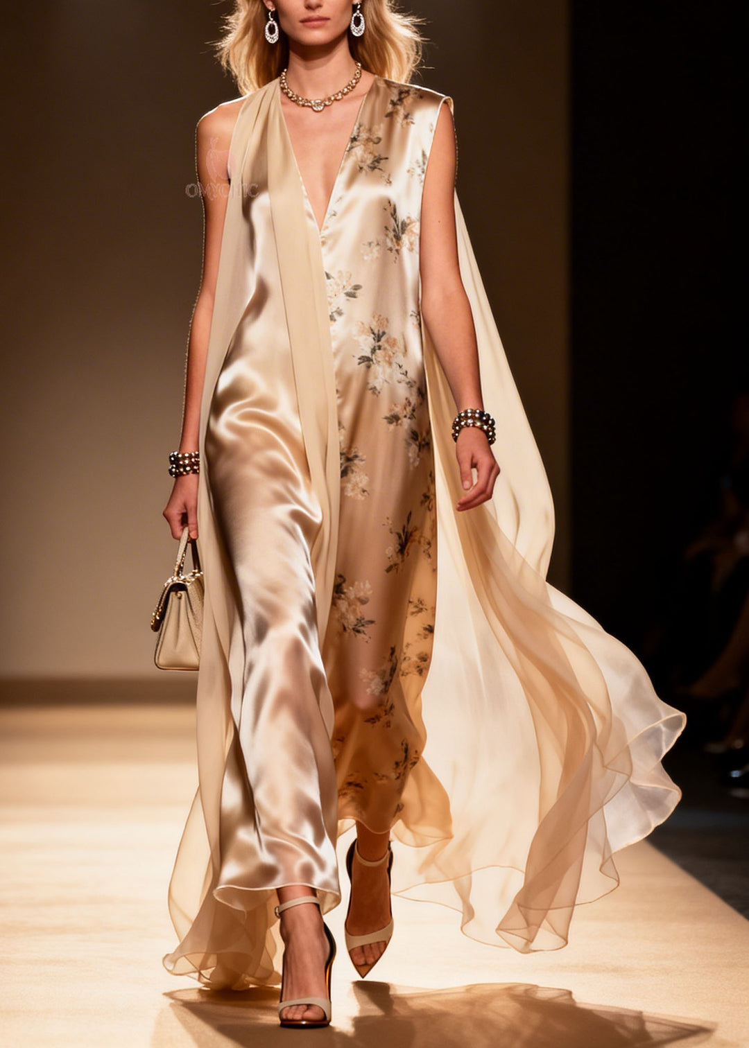 Chic V Neck Print Patchwork Chiffon Maxi Dresses Summer