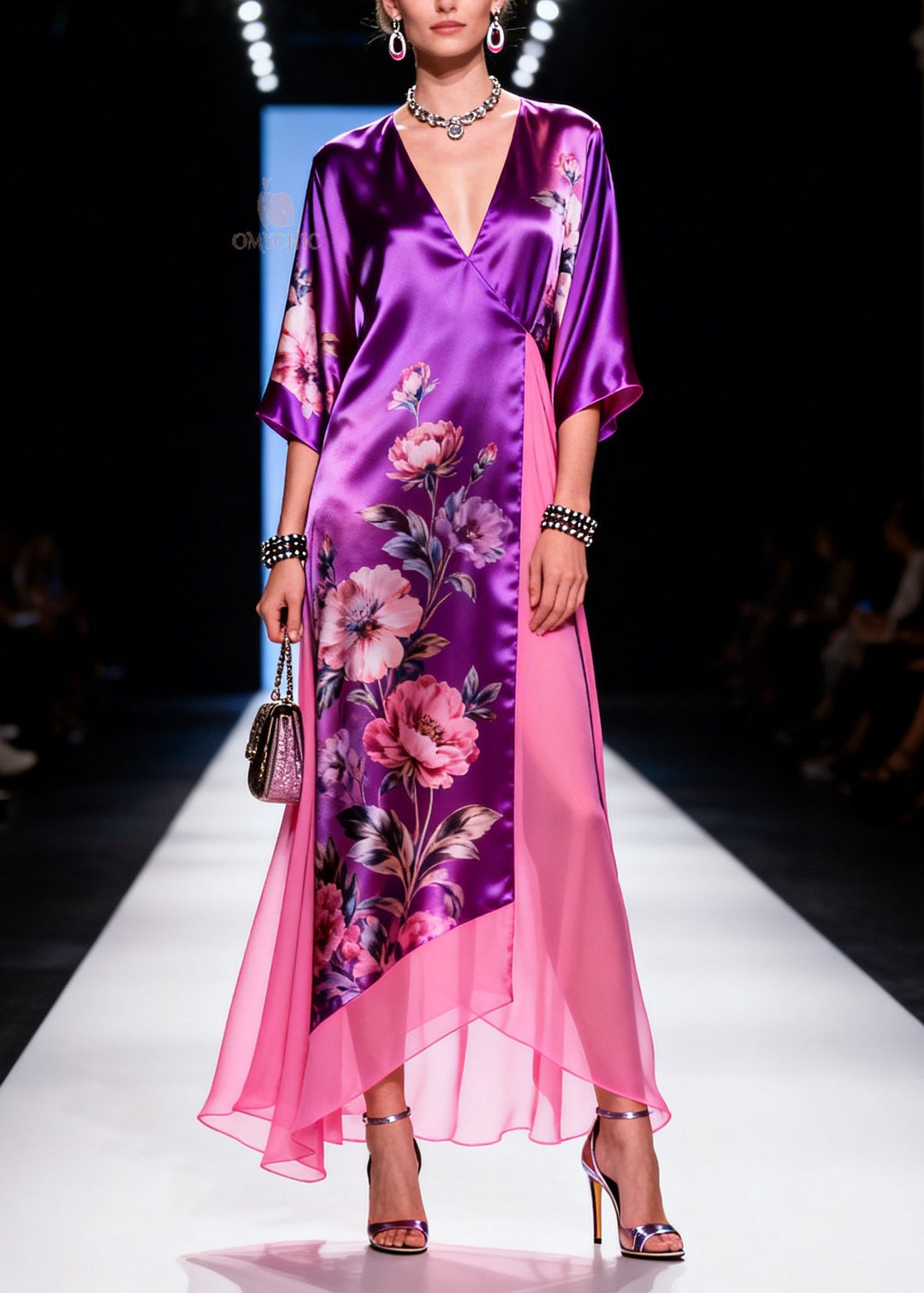 Chic V Neck Print Patchwork Silk Long Dress Summer