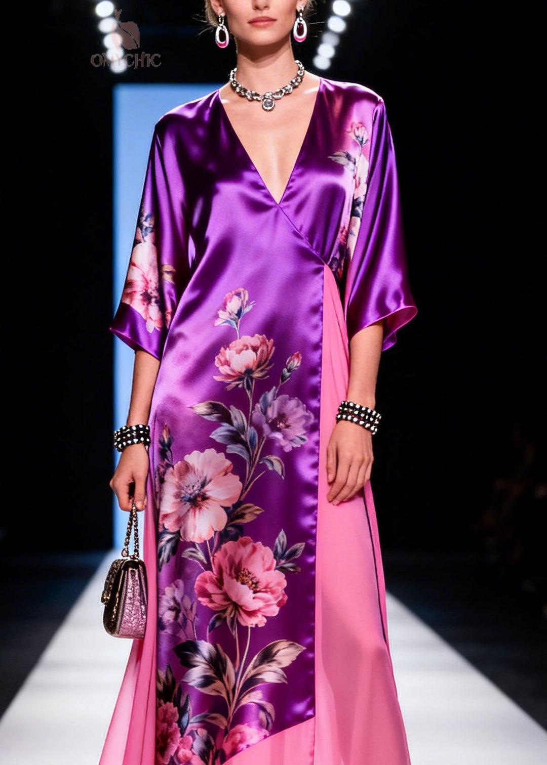 Chic V Neck Print Patchwork Silk Long Dress Summer
