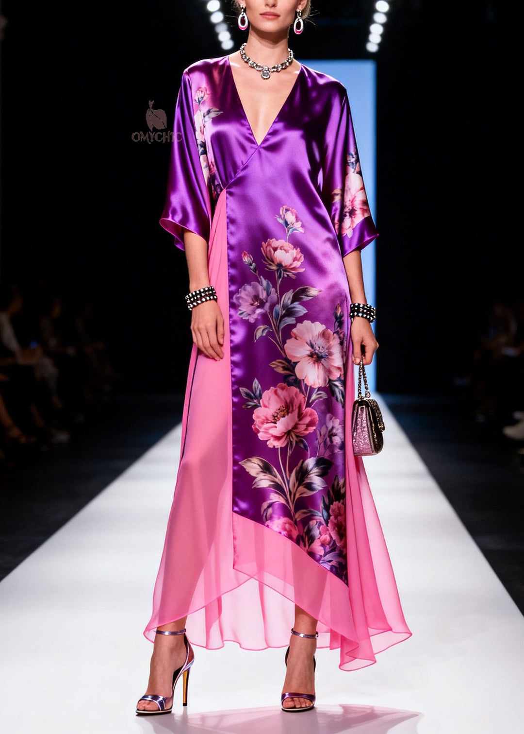 Chic V Neck Print Patchwork Silk Long Dress Summer
