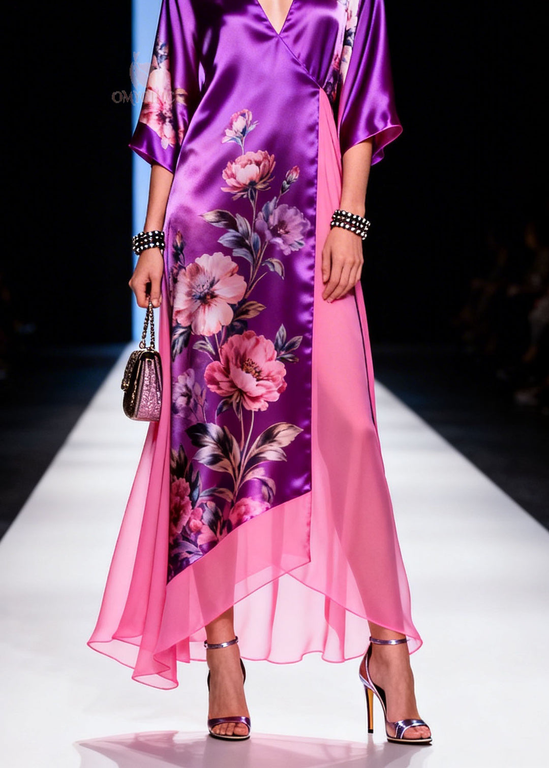 Chic V Neck Print Patchwork Silk Long Dress Summer