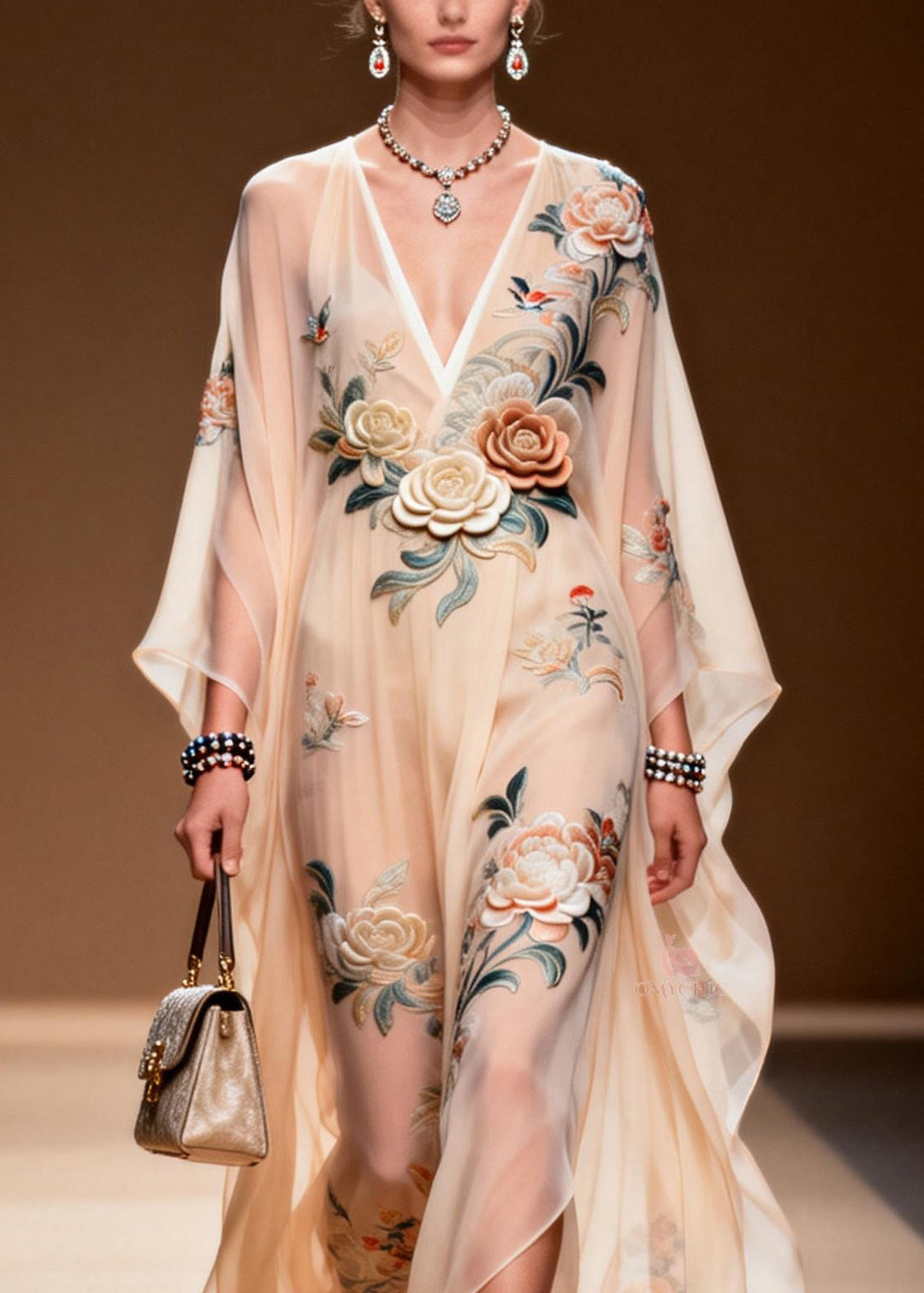 Chic V Neck Print Wrinkled Chiffon Maxi Dresses Spring