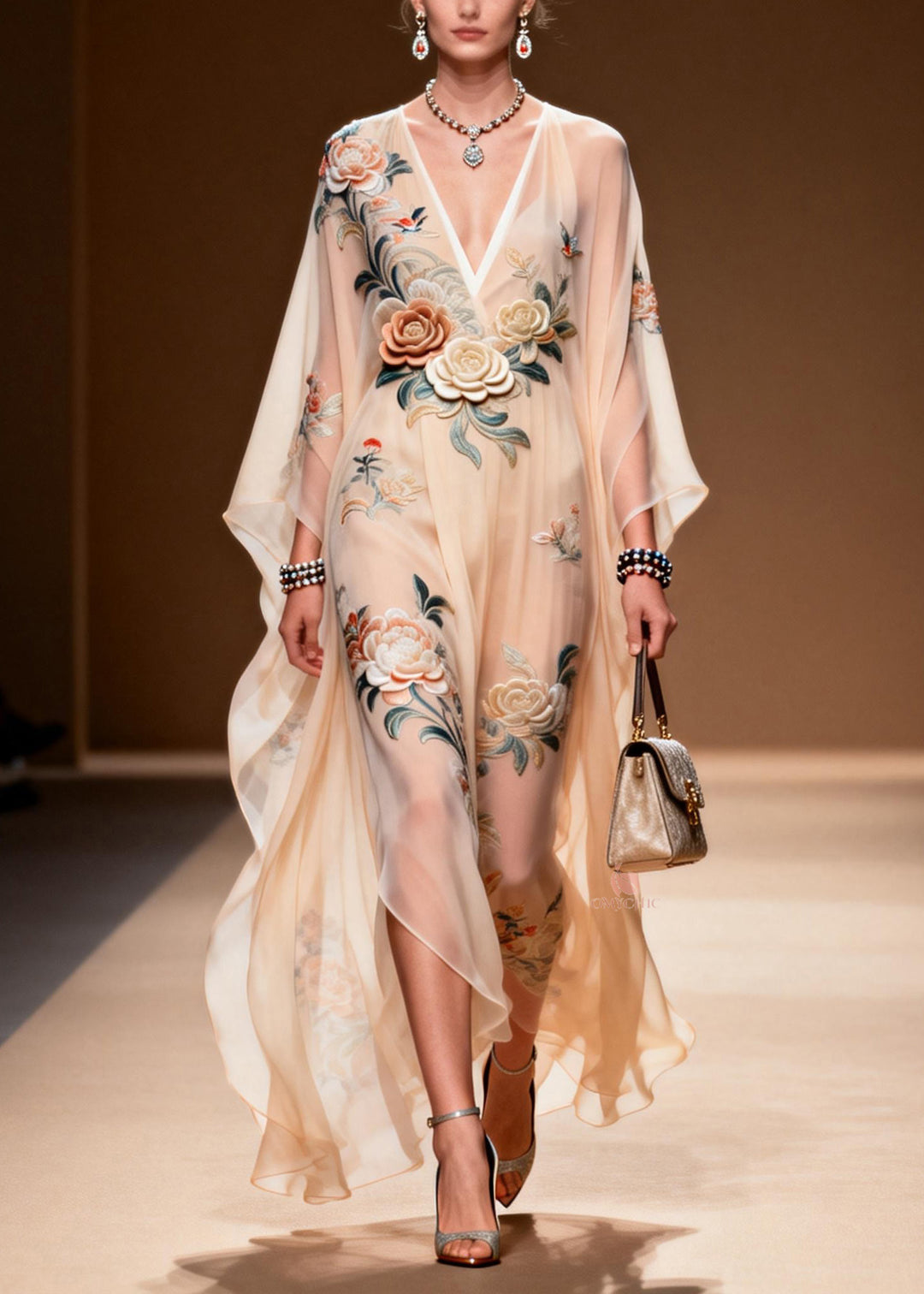 Chic V Neck Print Wrinkled Chiffon Maxi Dresses Spring