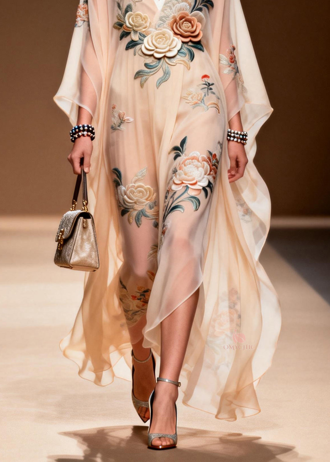 Chic V Neck Print Wrinkled Chiffon Maxi Dresses Spring