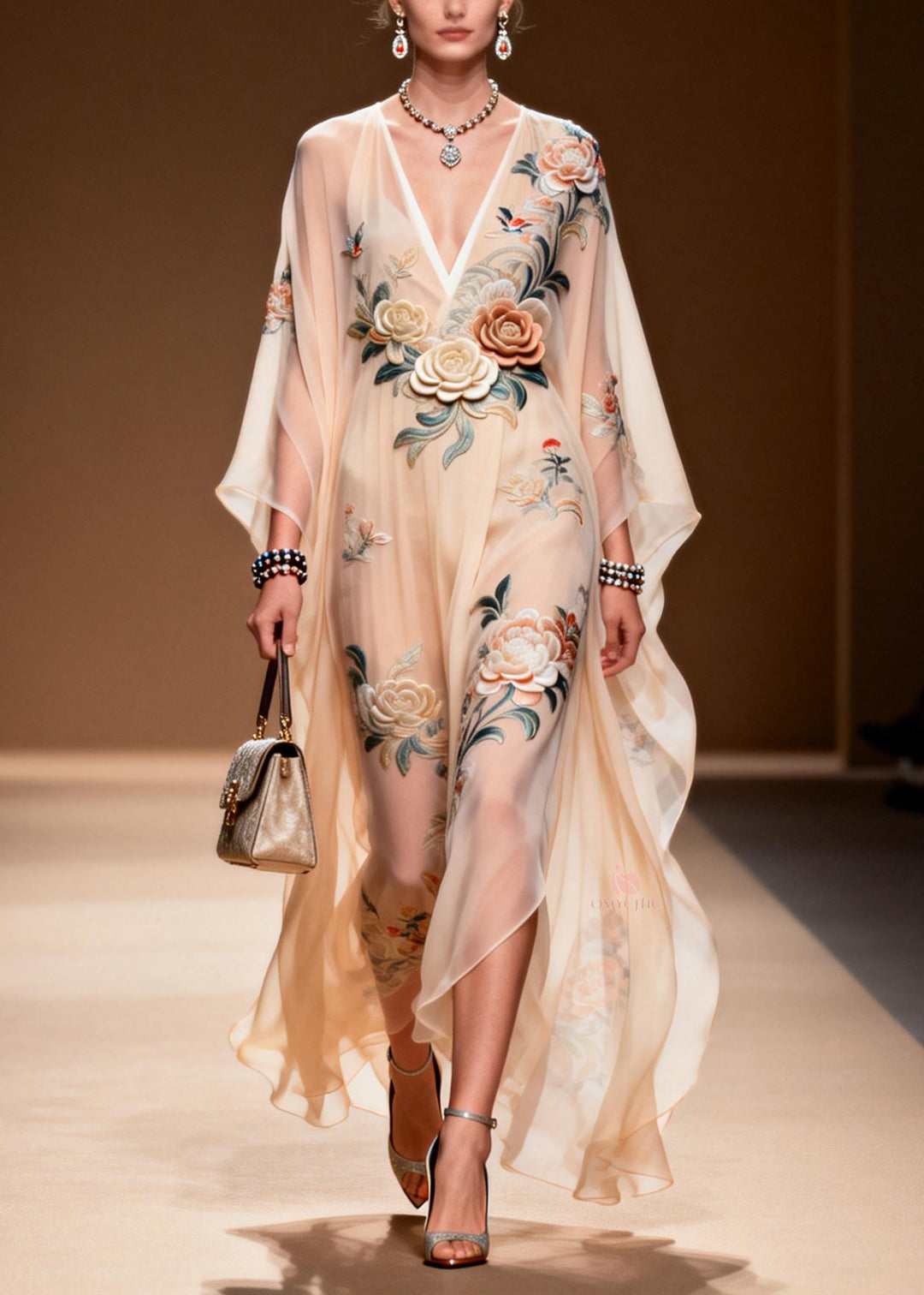 Chic V Neck Print Wrinkled Chiffon Maxi Dresses Spring