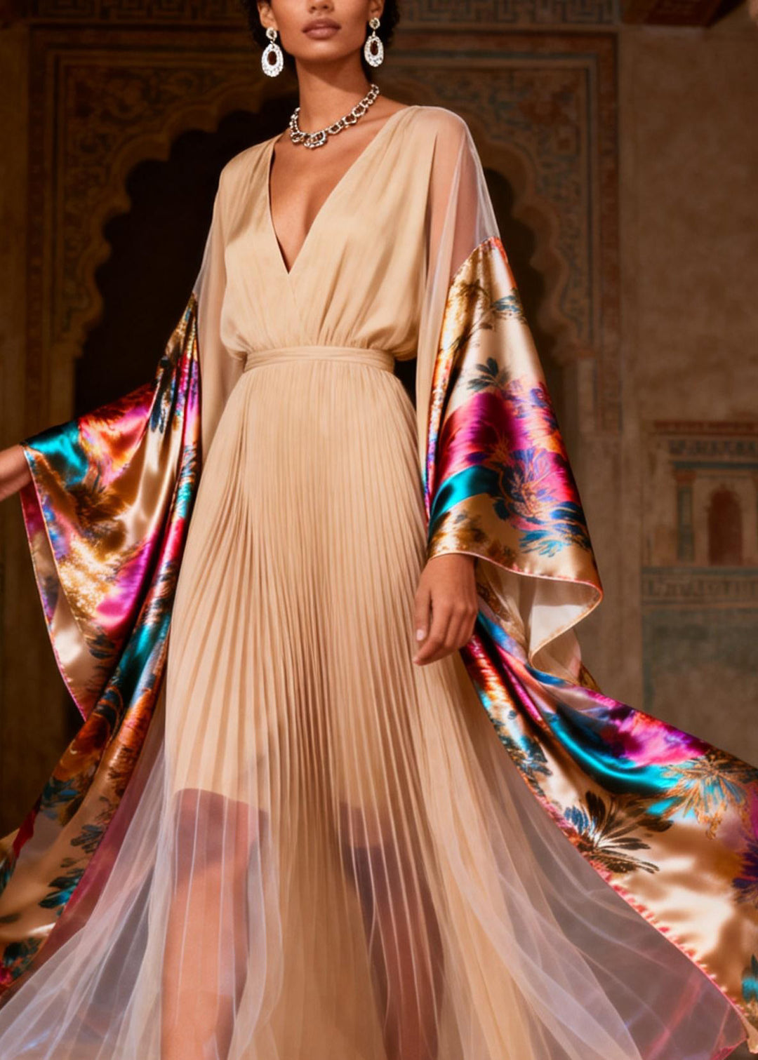 Chic V Neck Print Wrinkled Patchwork Silk Dress Spring