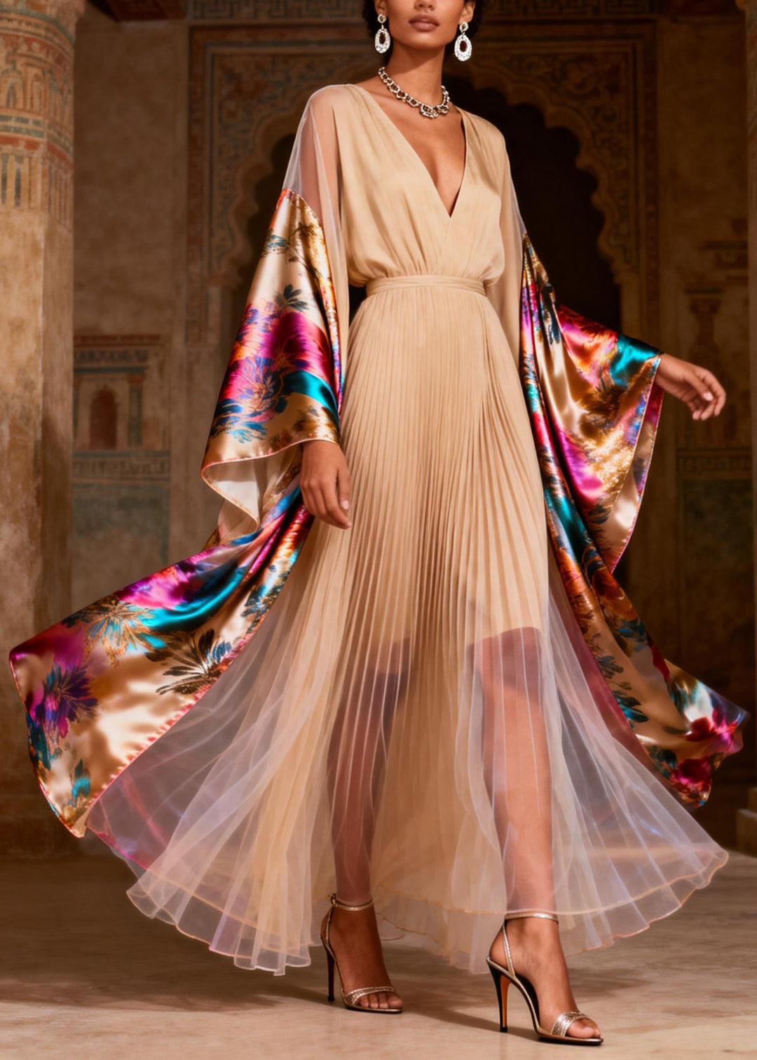 Chic V Neck Print Wrinkled Patchwork Silk Dress Spring