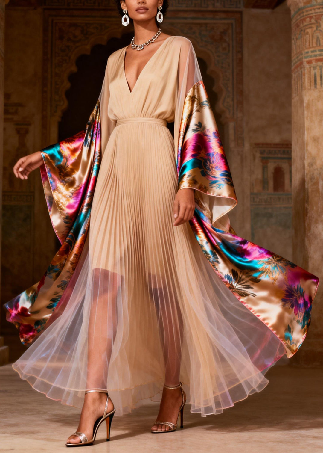 Chic V Neck Print Wrinkled Patchwork Silk Dress Spring