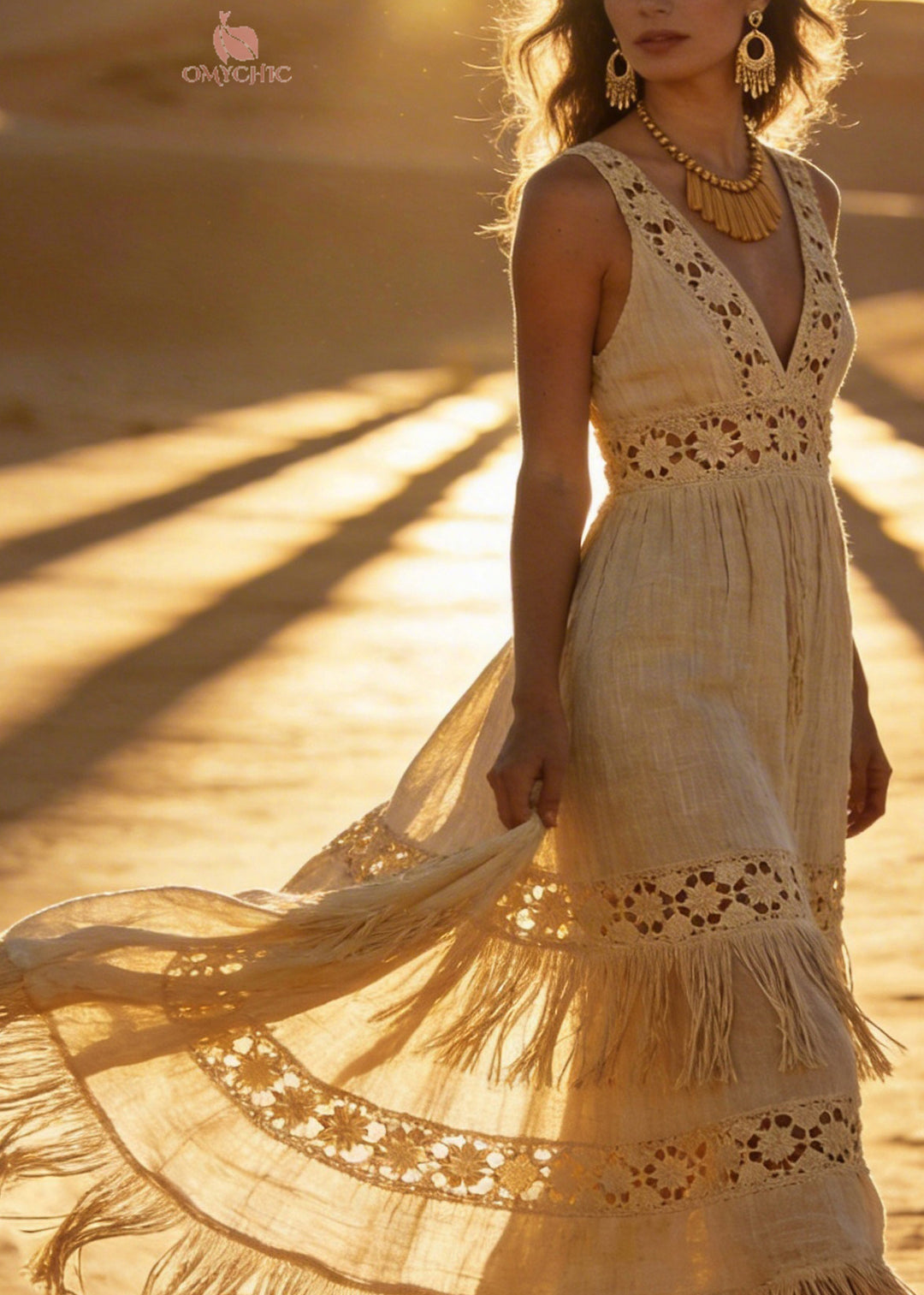 Chic V Neck Tassel Patchwork Cotton Maxi Dresses Sleeveless