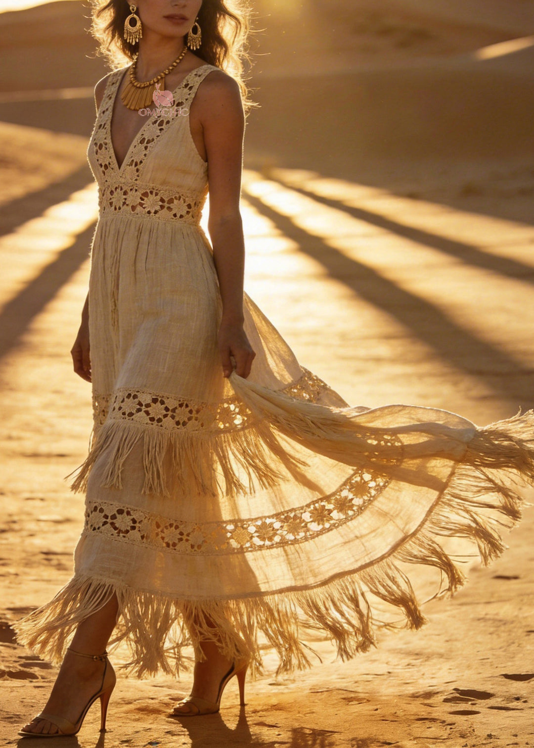 Chic V Neck Tassel Patchwork Cotton Maxi Dresses Sleeveless