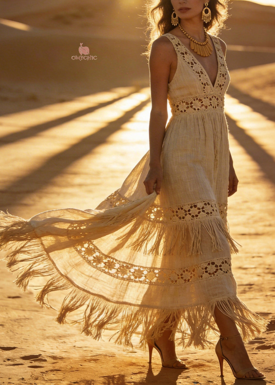 Chic V Neck Tassel Patchwork Cotton Maxi Dresses Sleeveless