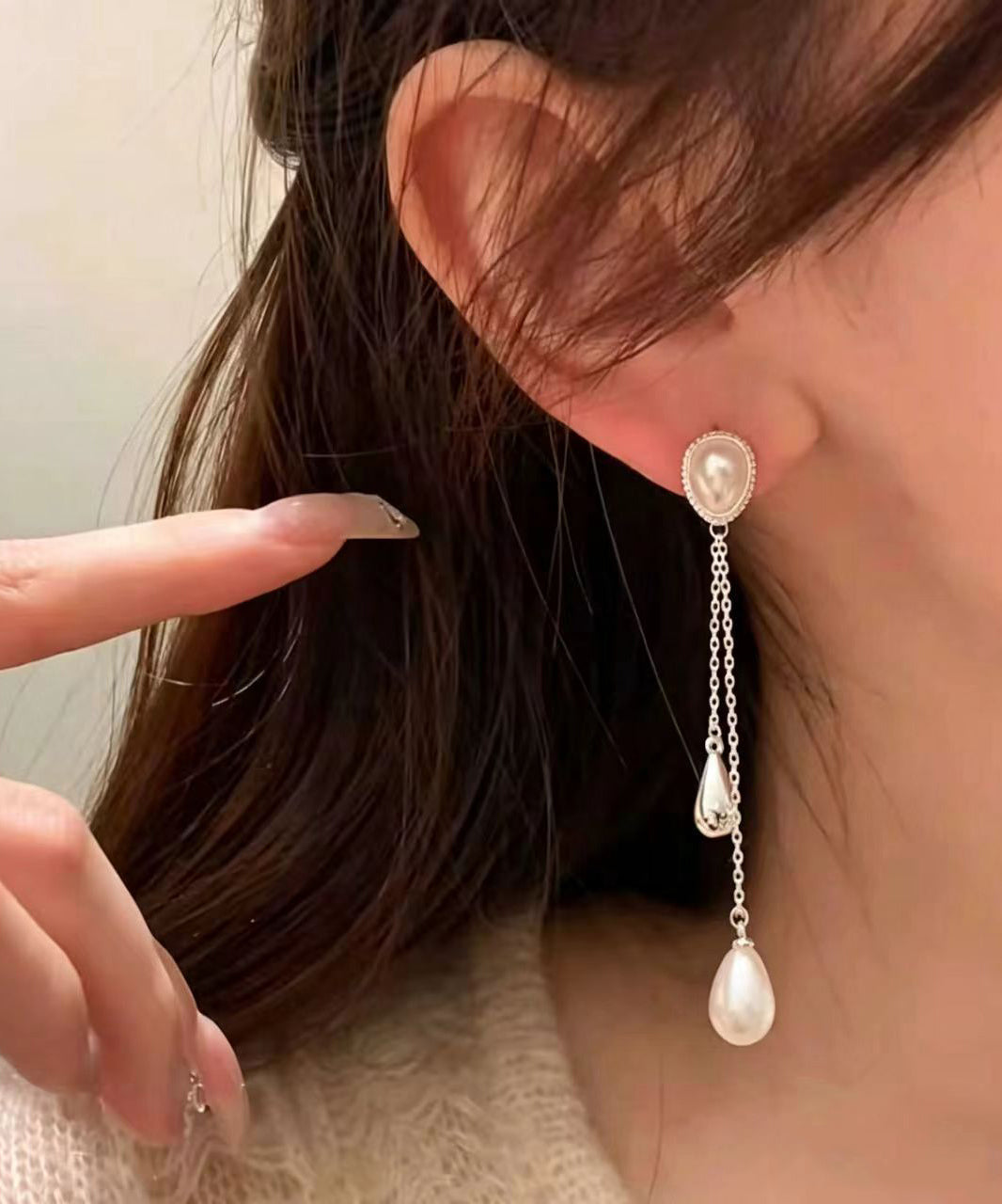 Chic Waterdrop Pearl Silver Plated Silver Needle Tassel Drop Earrings