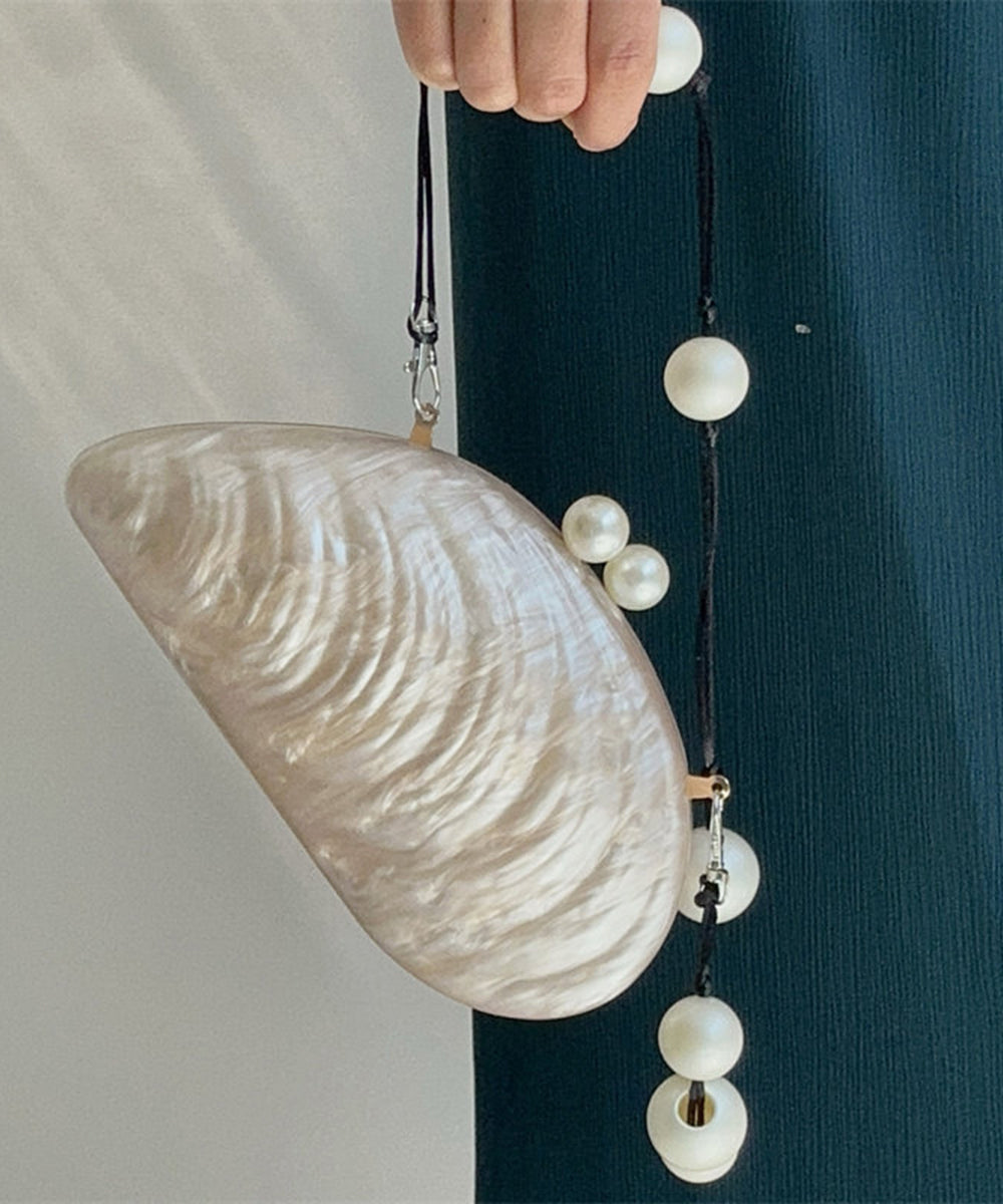 Chic White Acrylic Shell Shape Pearl Strap Clutch