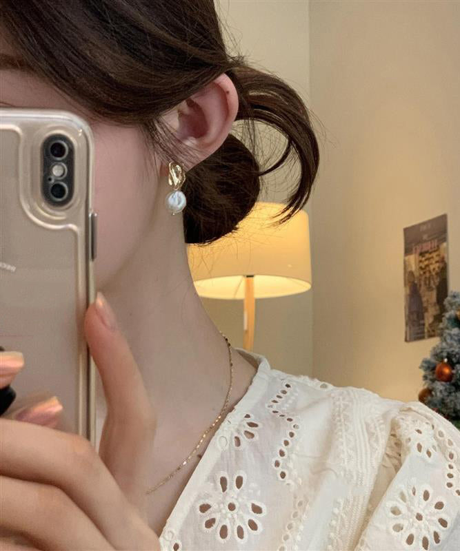 Chic White Alloy Asymmetrical Pearl Drop Earrings