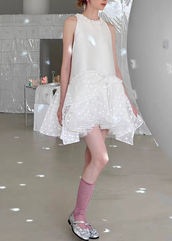 Chic White Backless Patchwork Chiffon Mid Dress Summer