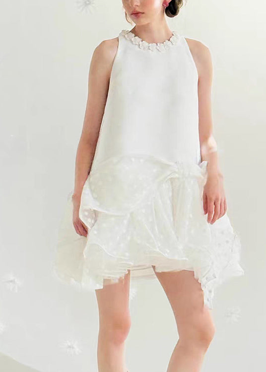 Chic White Backless Patchwork Chiffon Mid Dress Summer