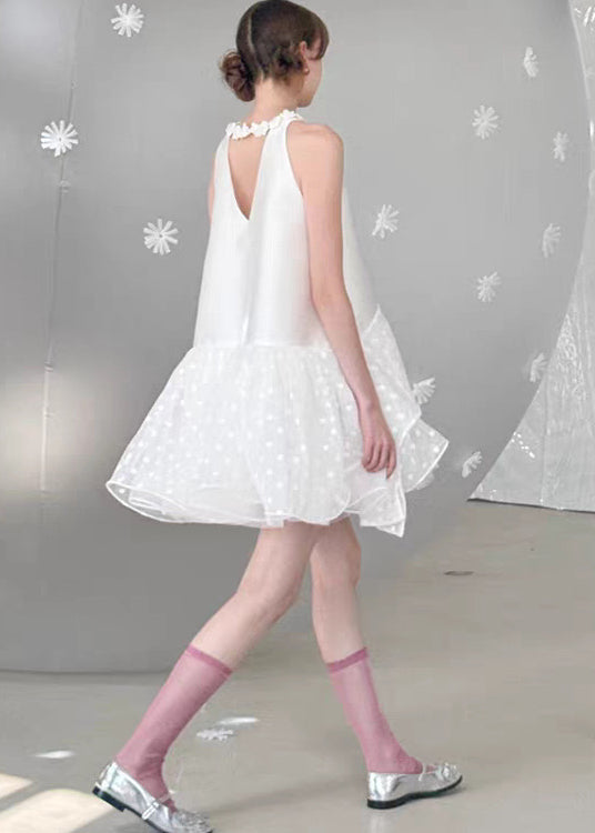 Chic White Backless Patchwork Chiffon Mid Dress Summer