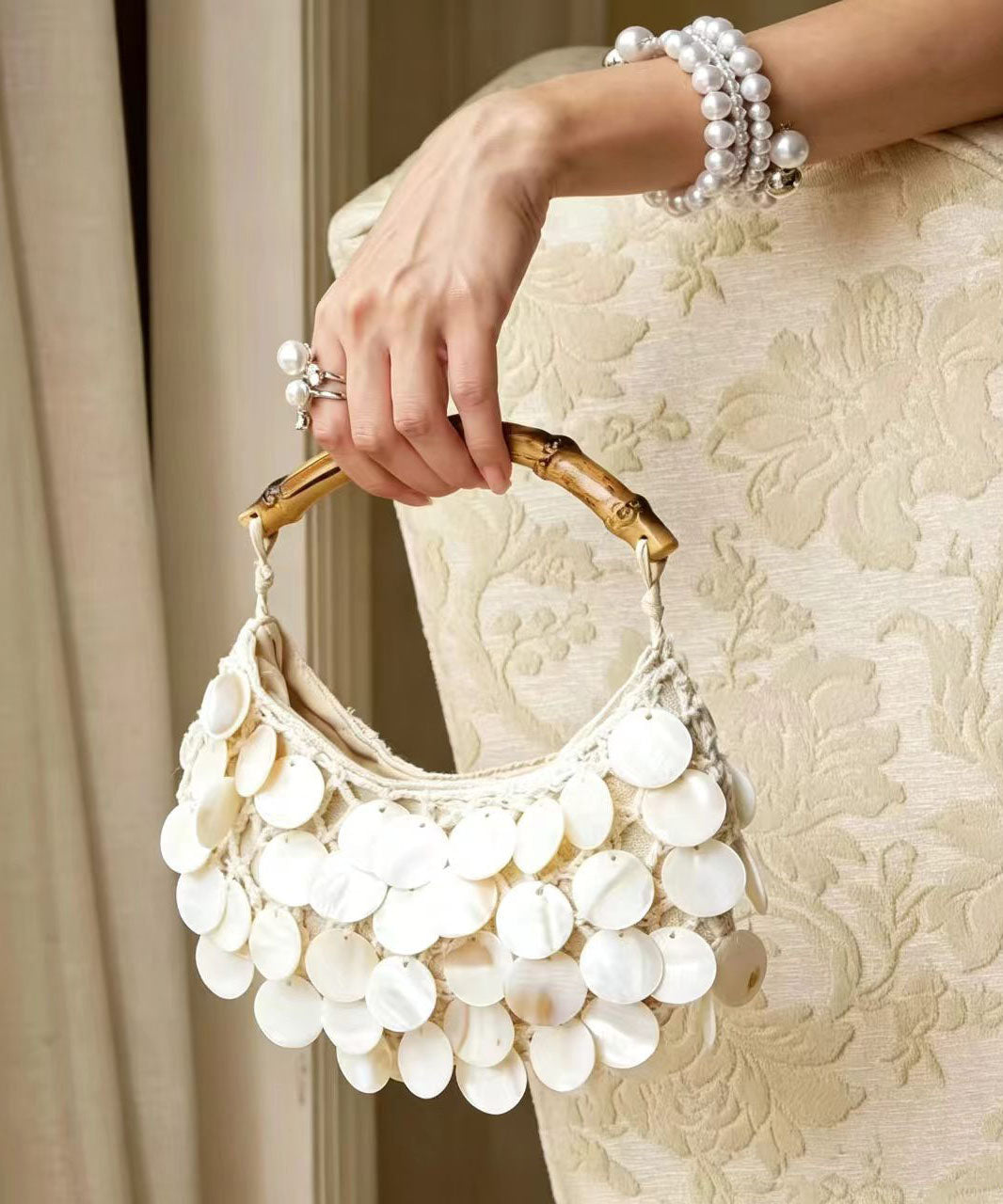 Chic White Bamboo Handle Shell Sequins Tote