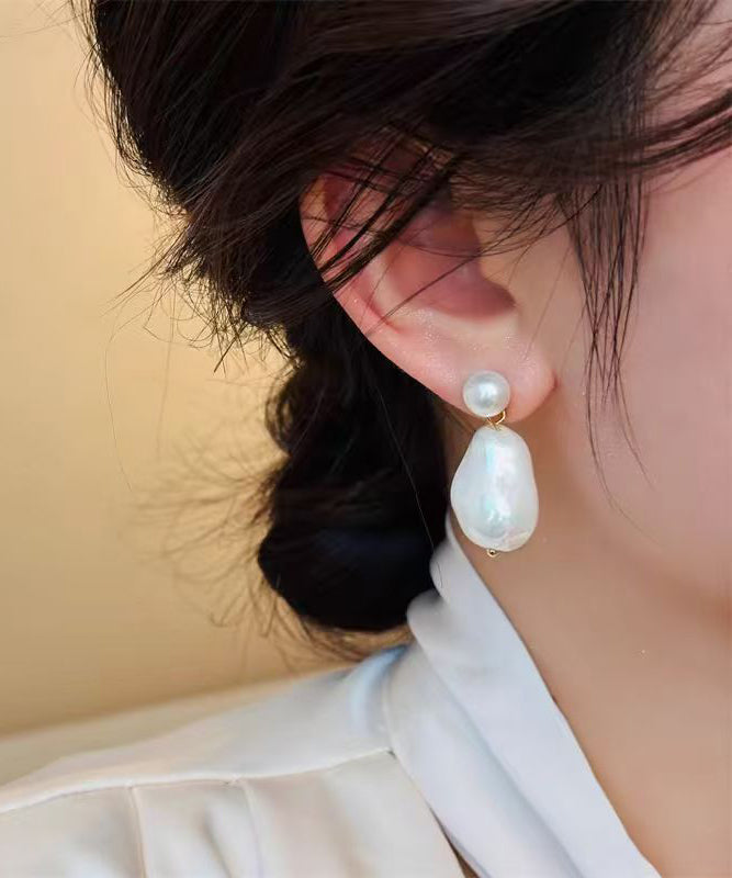 Chic White Copper Overgild Asymmetrical Pearl Drop Earrings