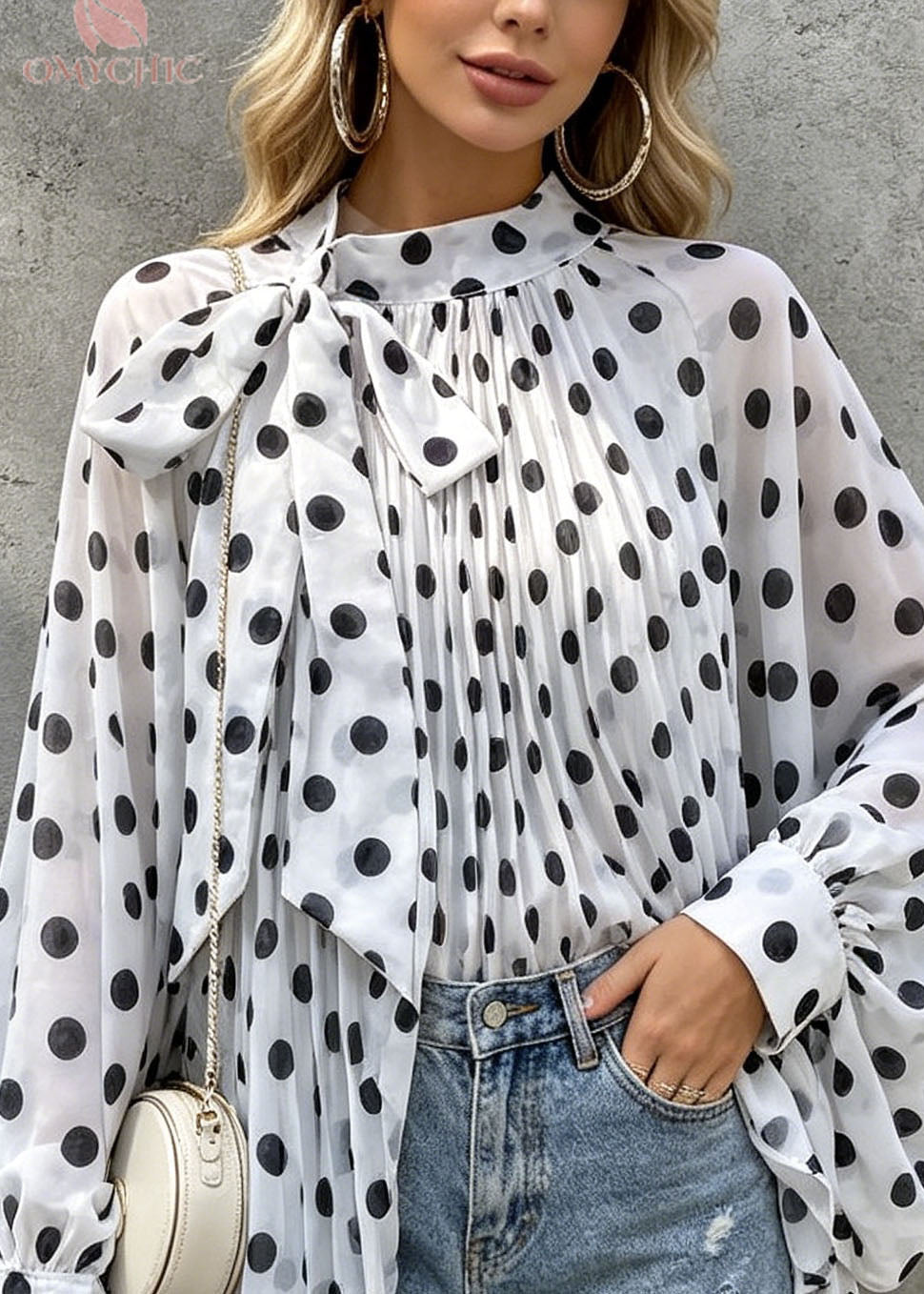 Chic White Dot Print Bow Chiffon Tops Batwing Sleeve