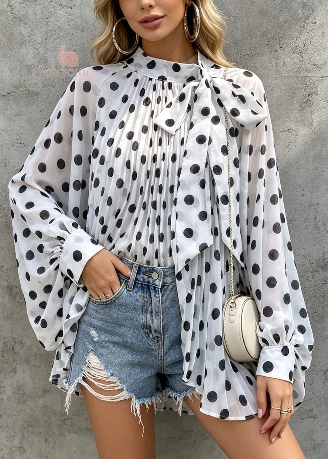 Chic White Dot Print Bow Chiffon Tops Batwing Sleeve
