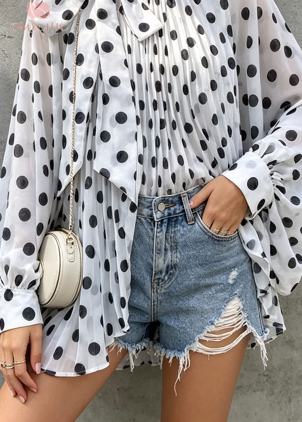 Chic White Dot Print Bow Chiffon Tops Batwing Sleeve