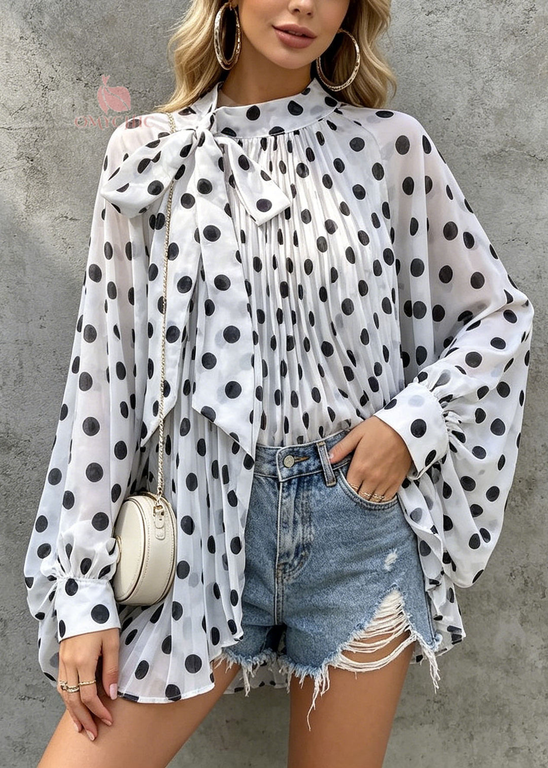 Chic White Dot Print Bow Chiffon Tops Batwing Sleeve
