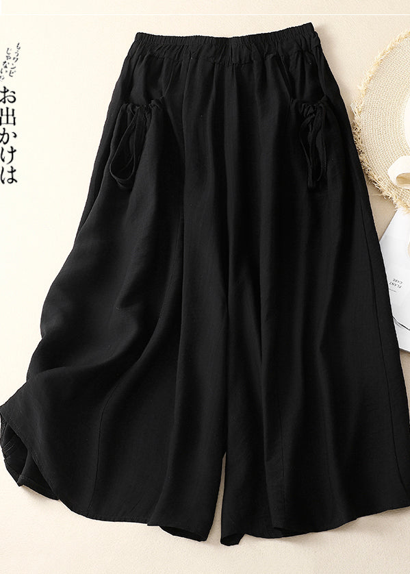 Chic White Elastic Waist Pockets Cotton Wide Leg Pants Summer