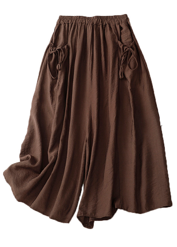 Chic White Elastic Waist Pockets Cotton Wide Leg Pants Summer