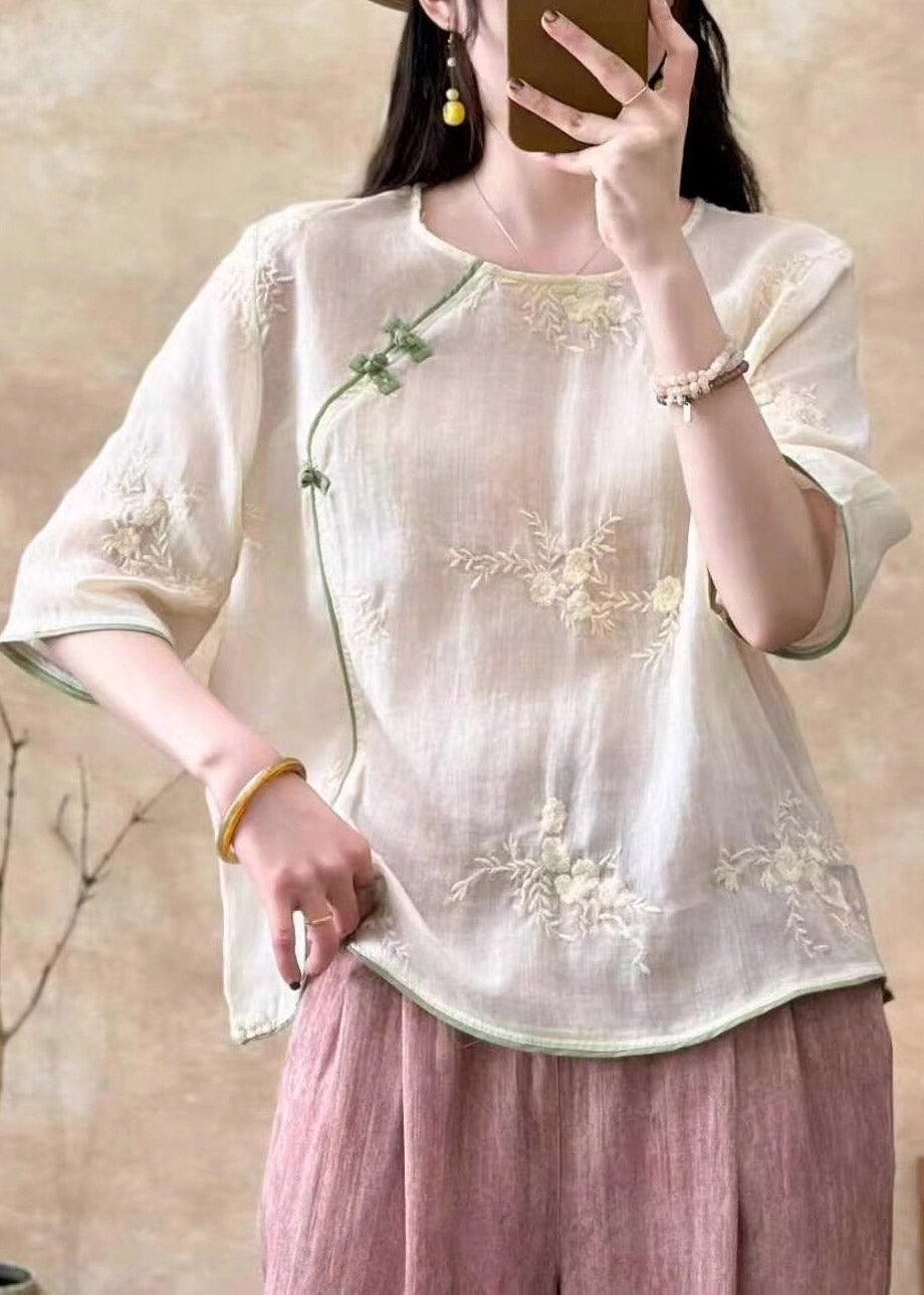 Chic White Embroidered Button Linen Tops Summer