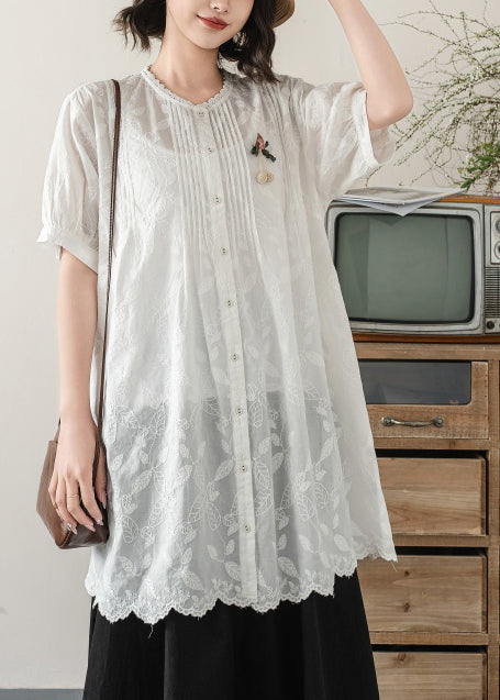 Chic White Embroidered Cotton Long Blouses Summer