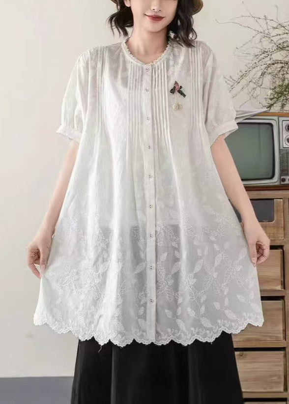 Chic White Embroidered Cotton Long Blouses Summer