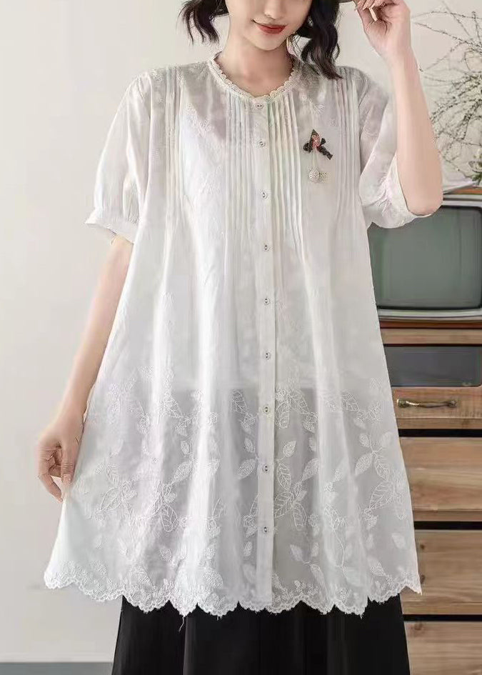 Chic White Embroidered Cotton Long Blouses Summer