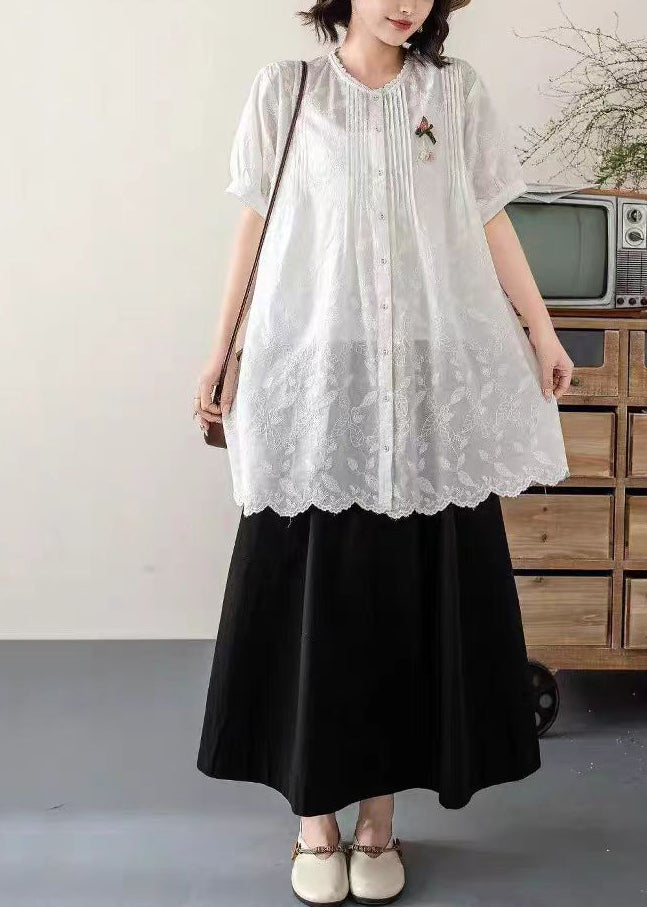 Chic White Embroidered Cotton Long Blouses Summer