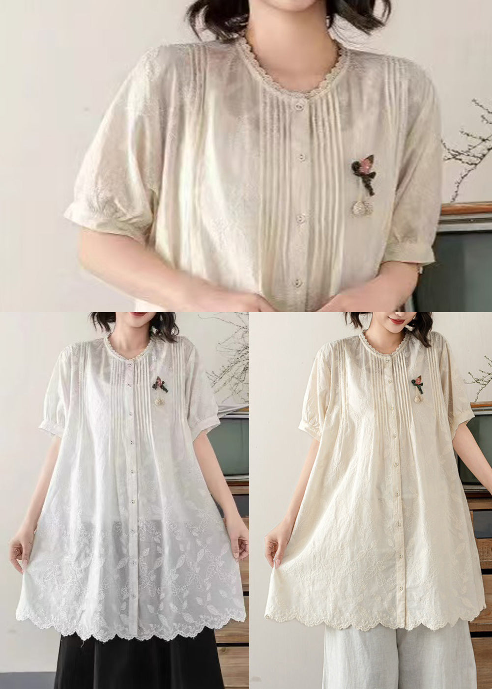 Chic White Embroidered Cotton Long Blouses Summer