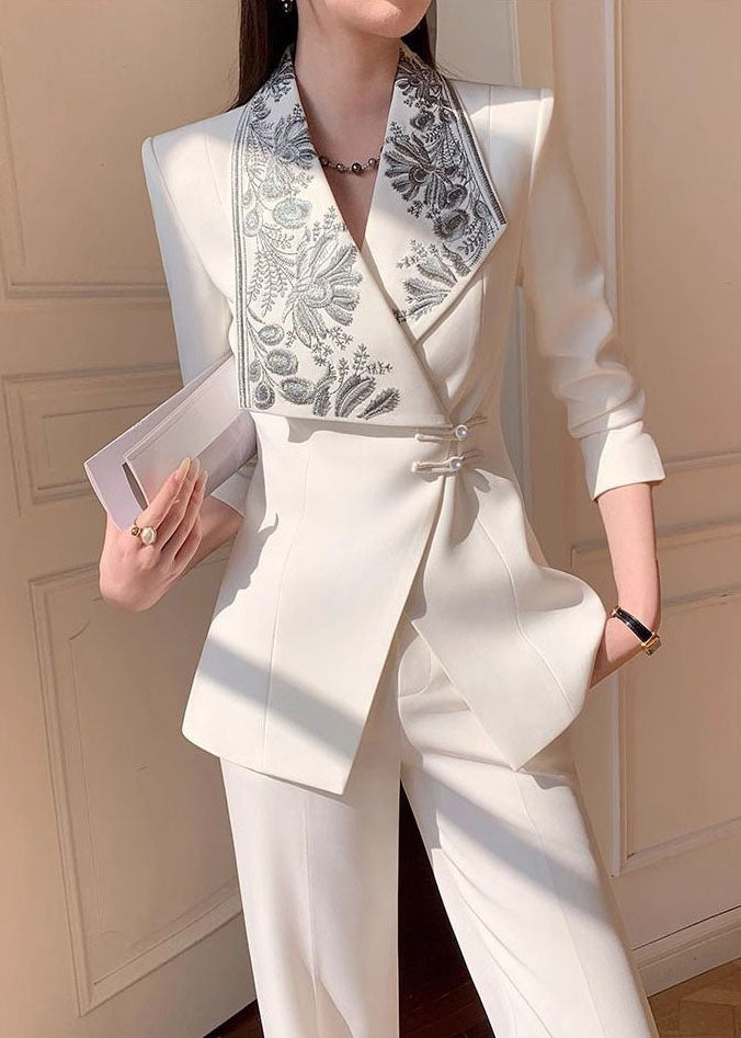 Chic White Embroidered Suit Coat And Pants Two Pieces Set Fall